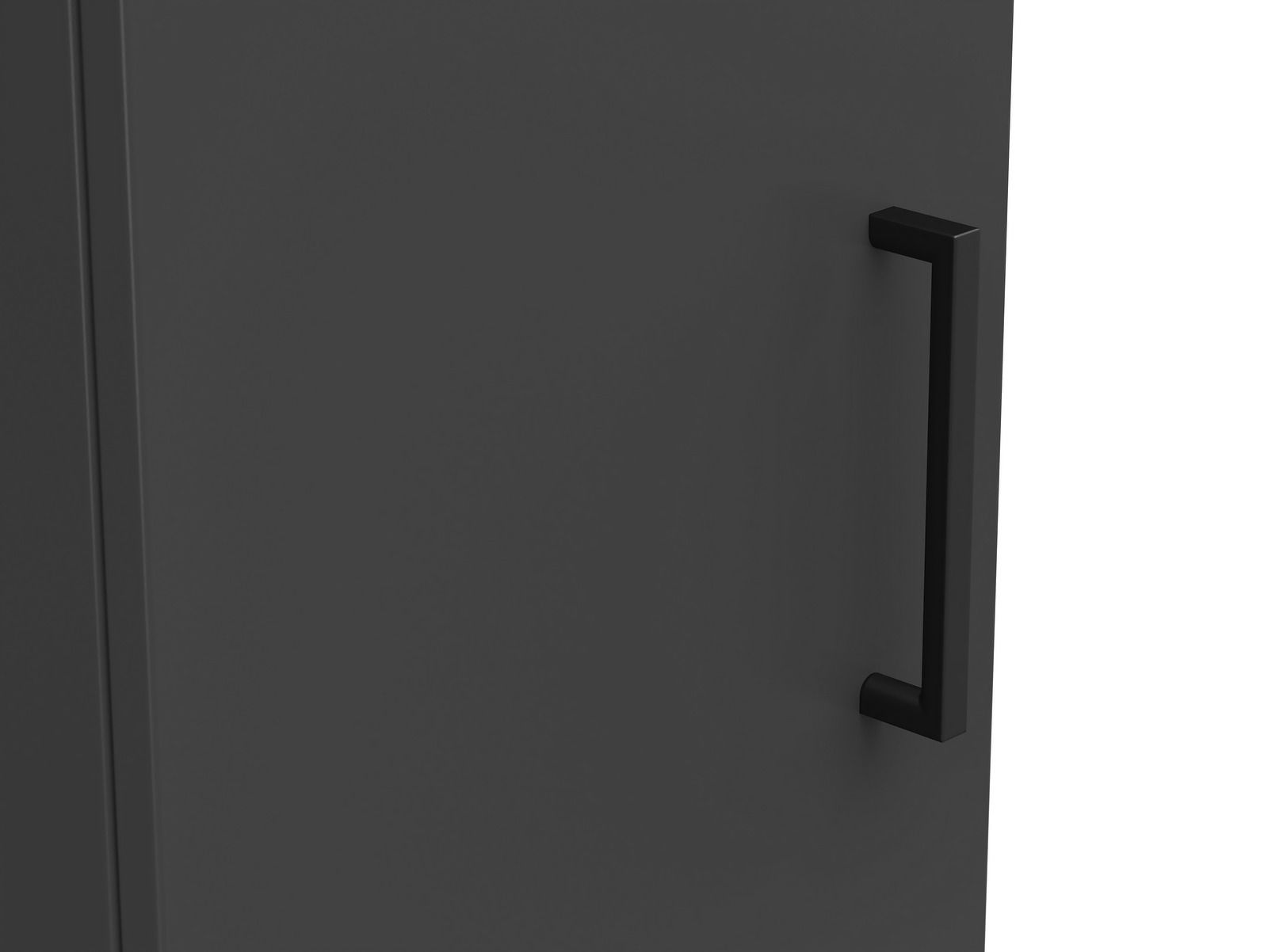 Nahaufnahme eines schwarzen Mehrzweckschranks mit modernem Griff, seitliche Perspektive