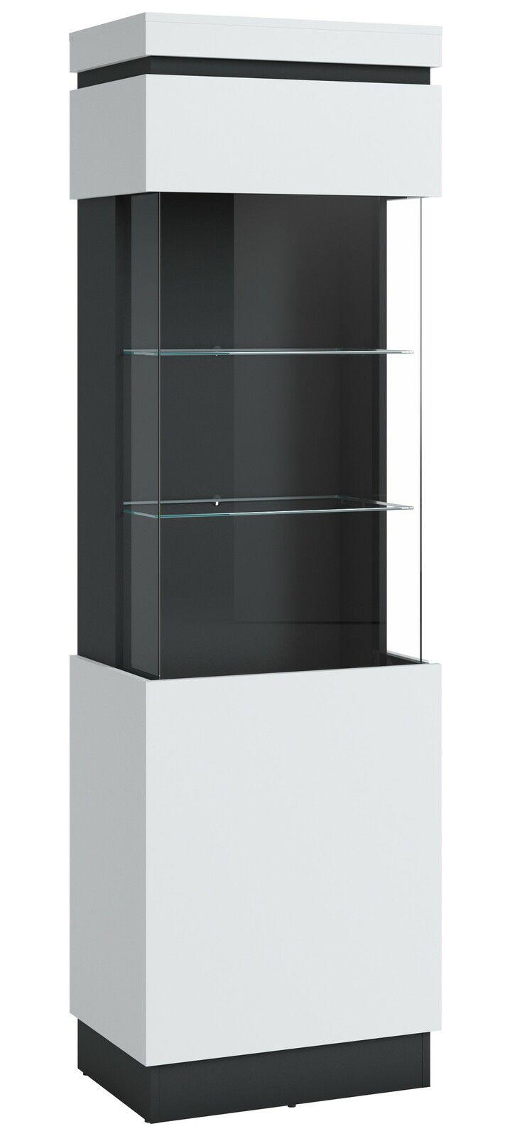 Moderne Vitrine mit Glasregalen, frontal betrachtet, in Weiß und Schwarz.