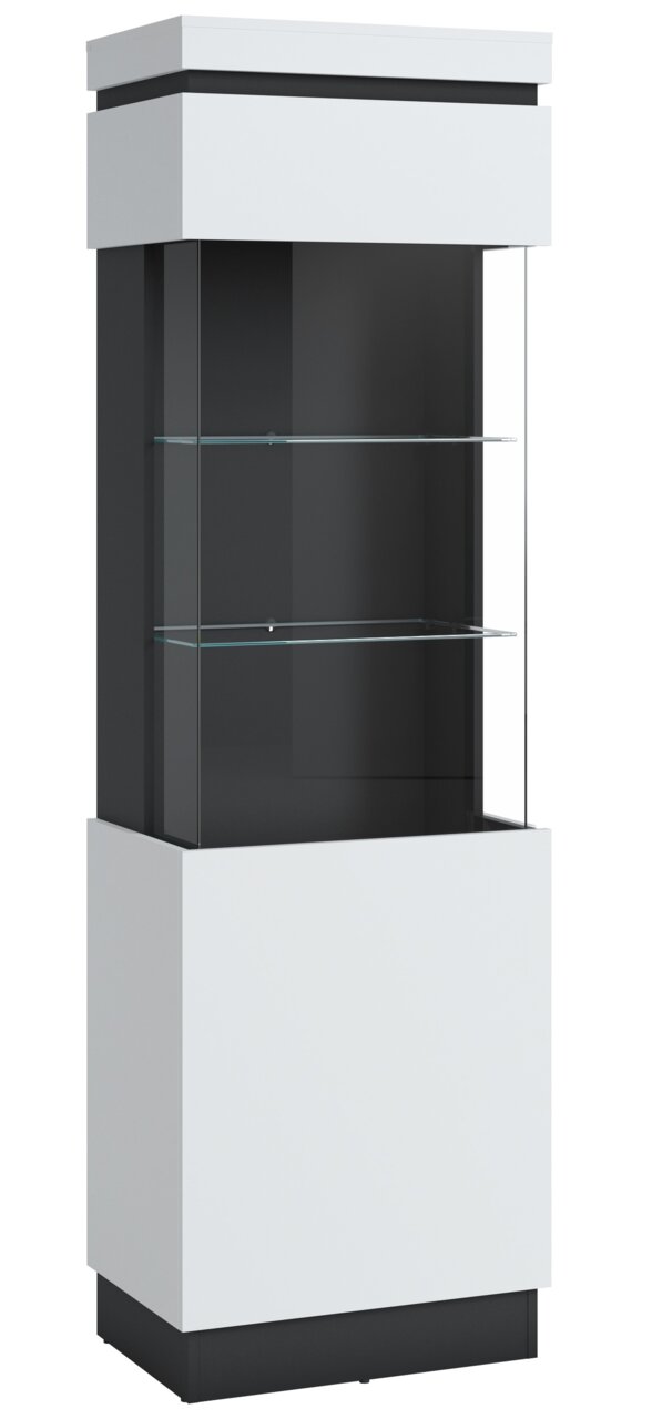 Moderne vitrinekast met glazen planken, gezien vanaf de voorkant, in wit en zwart.