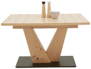 Moderner Esstisch aus Holz mit V-förmigem Gestell, seitliche Perspektive