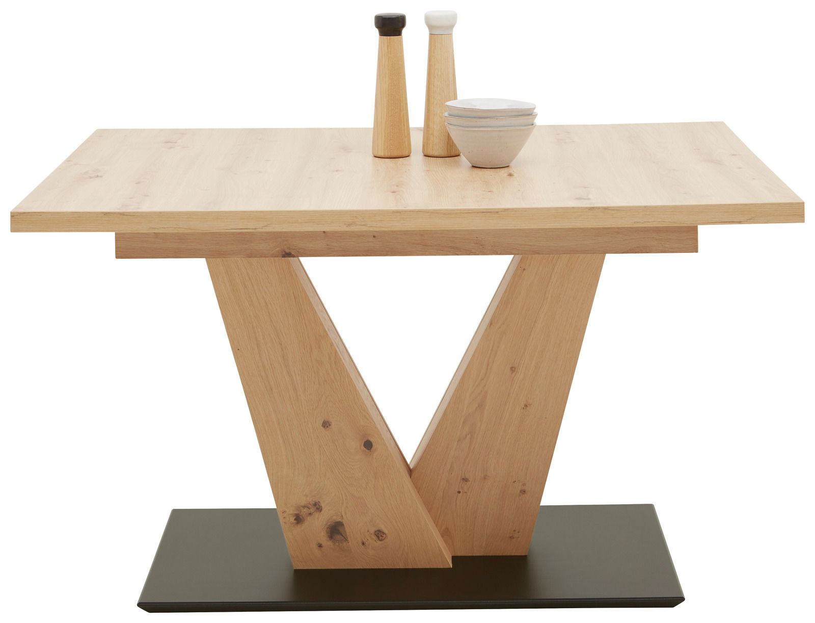 Moderner Esstisch aus Holz mit V-förmigem Gestell, seitliche Perspektive