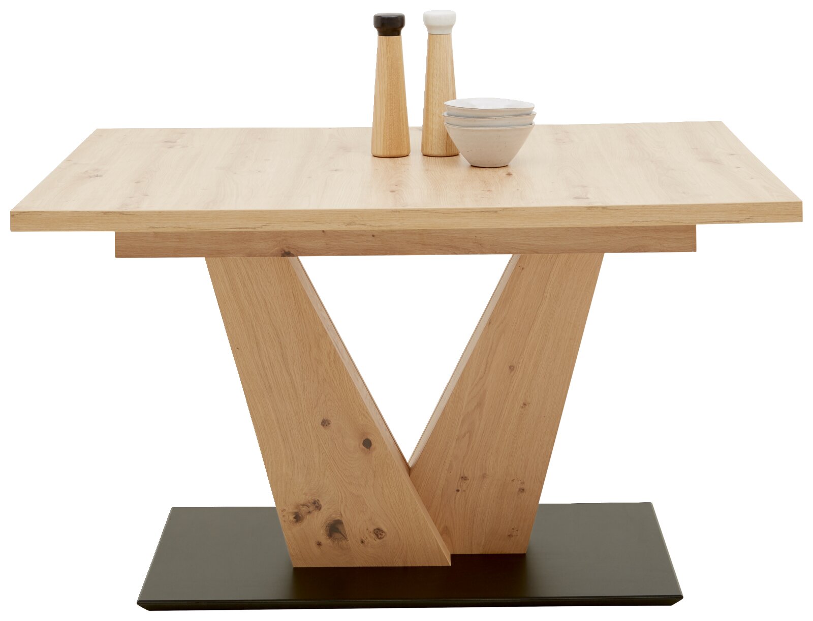 Moderner Esstisch aus Holz mit V-förmigem Gestell, seitliche Perspektive