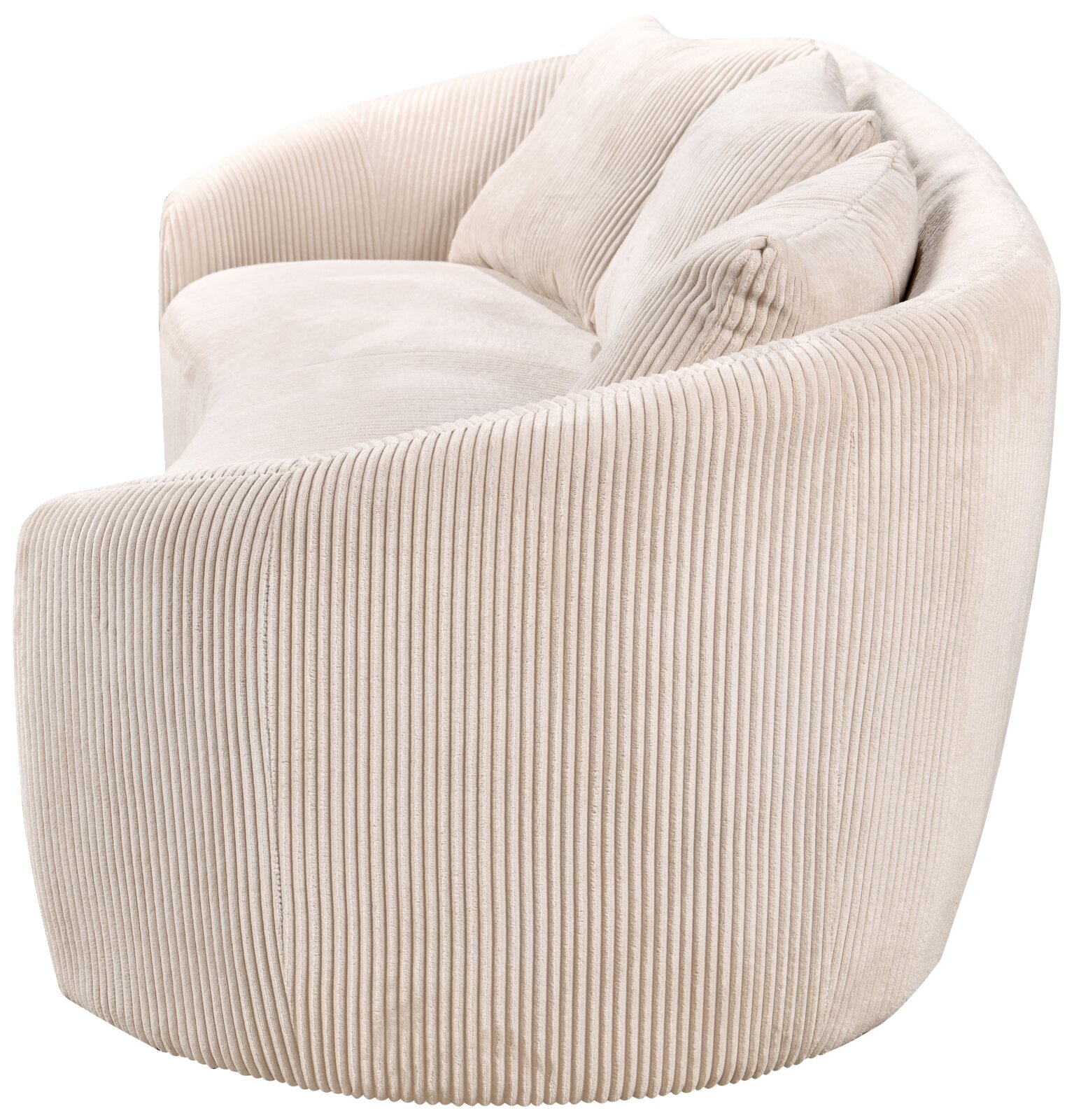 Beige, geribbelde driezitsbank in zijaanzicht