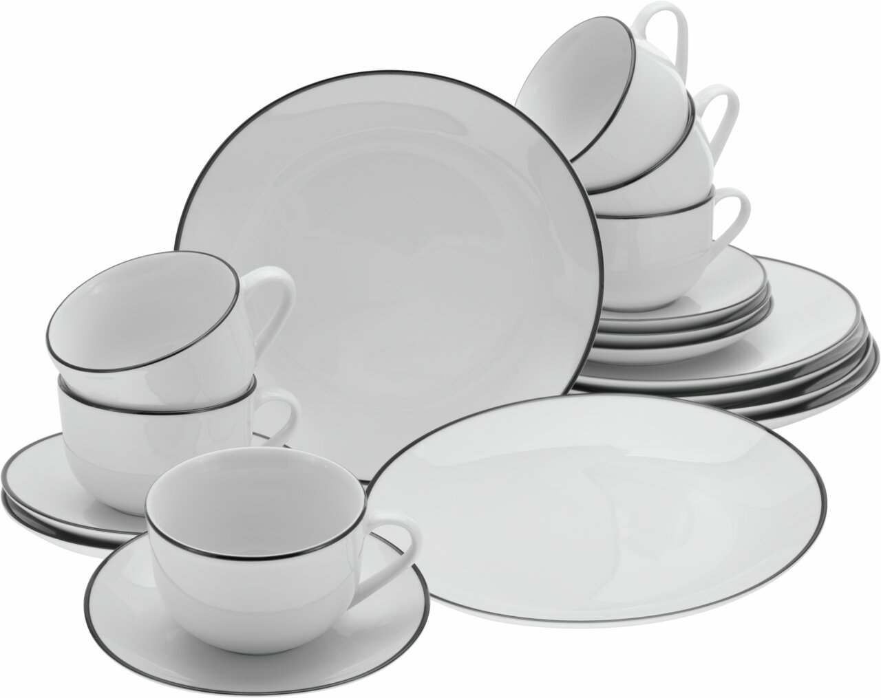 Kaffeeservice 18-teilig Luna Black L, bestehend aus Tassen, Untertassen und Tellern mit schwarzem Rand, aus seitlicher Perspektive fotografiert.