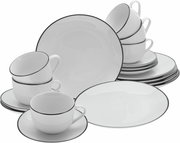 Kaffeeservice 18-teilig Luna Black L, bestehend aus Tassen, Untertassen und Tellern mit schwarzem Rand, aus seitlicher Perspektive fotografiert.