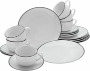 Kaffeeservice 18-teilig Luna Black L, bestehend aus Tassen, Untertassen und Tellern mit schwarzem Rand, aus seitlicher Perspektive fotografiert.