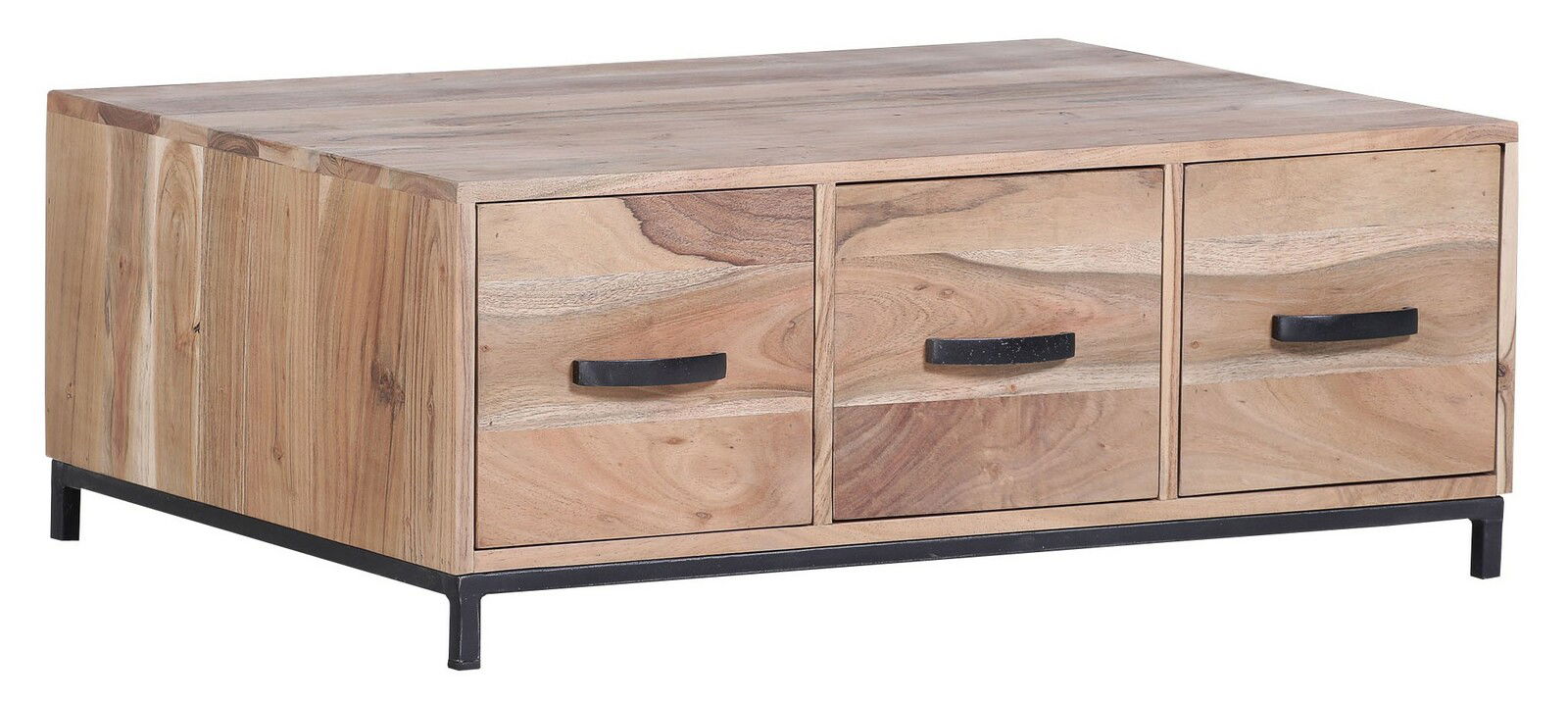 Moderner Couchtisch aus Holz mit drei Schubladen und schwarzen Griffen, seitliche Perspektive
