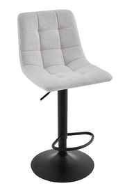 Moderner Barhocker mit grauem, gepolstertem Sitz und schwarzem Metallfuß, seitliche Perspektive