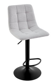 Moderner Barhocker mit grauem, gepolstertem Sitz und schwarzem Metallfuß, seitliche Perspektive
