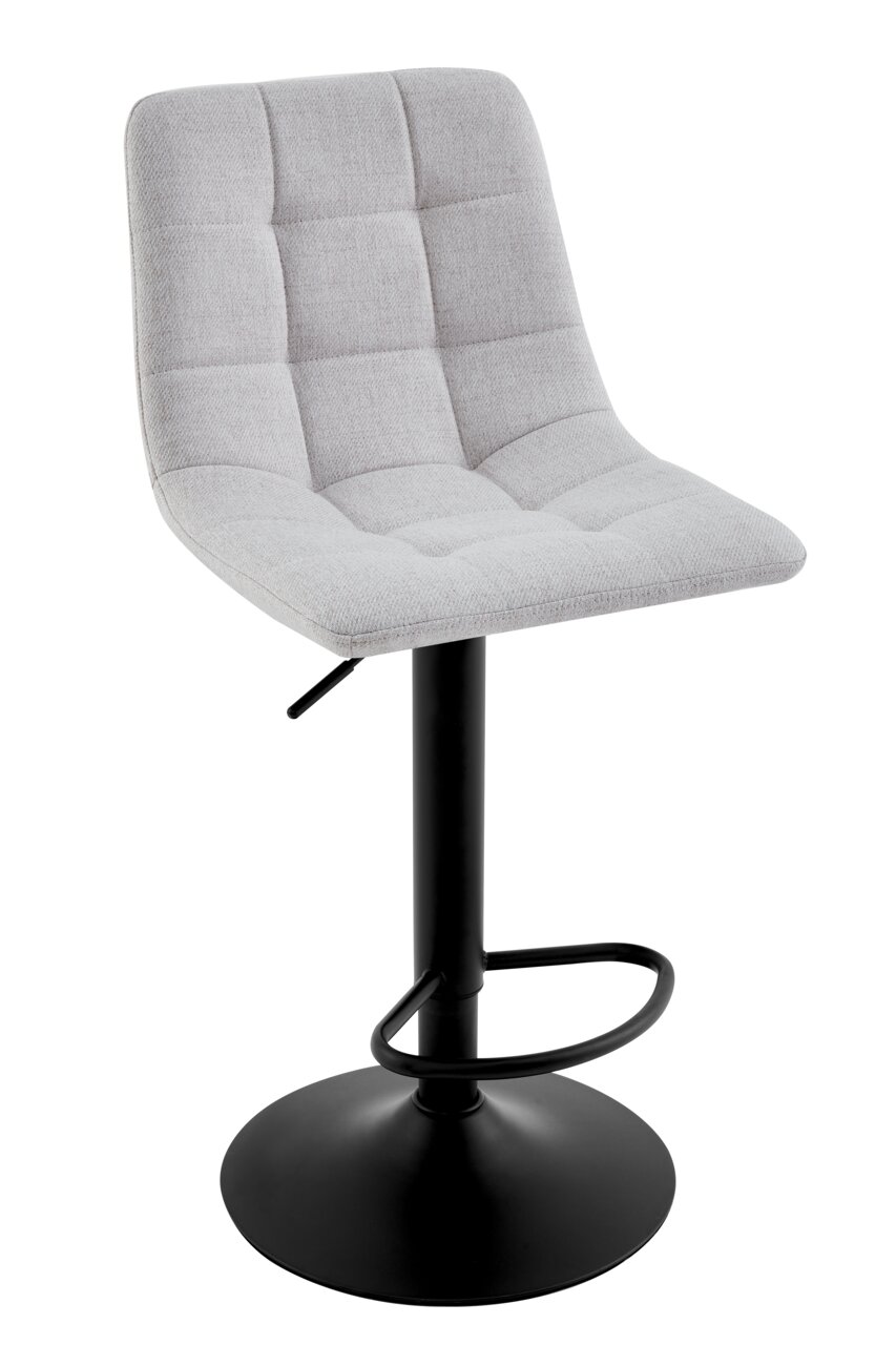Moderner Barhocker mit grauem, gepolstertem Sitz und schwarzem Metallfuß, seitliche Perspektive