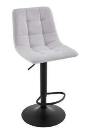 Moderner Barhocker mit grauem, gepolstertem Sitz und schwarzem Metallfuß, seitliche Perspektive