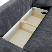 Innenansicht eines grauen Sofas mit Stauraum, Perspektive von oben.