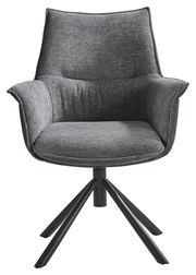 Grauer Sessel mit gepolstertem Sitz und Rückenlehne, auf schwarzem Metallgestell, Frontalansicht