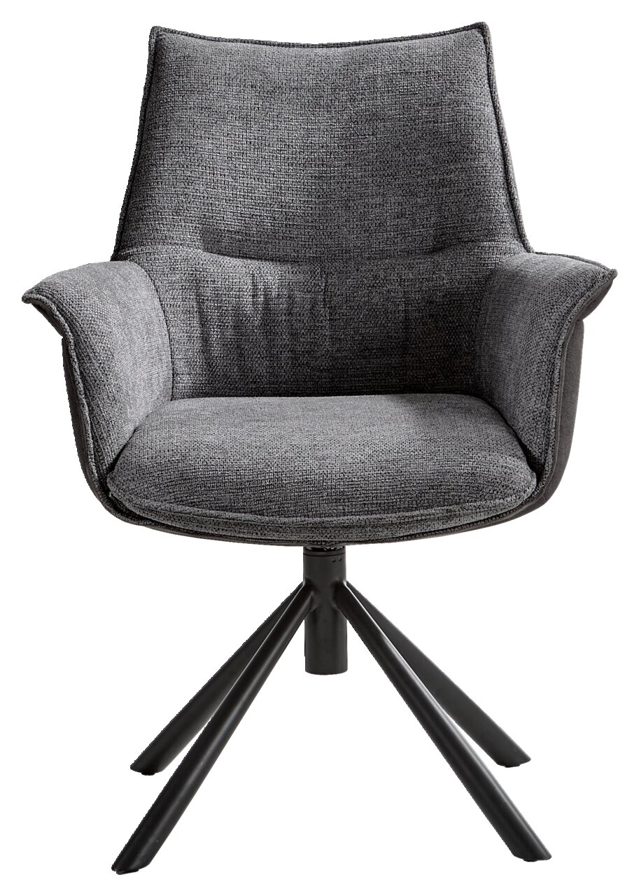 Grauer Sessel mit gepolstertem Sitz und Rückenlehne, auf schwarzem Metallgestell, Frontalansicht