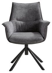 Grauer Sessel mit gepolstertem Sitz und Rückenlehne, auf schwarzem Metallgestell, Frontalansicht