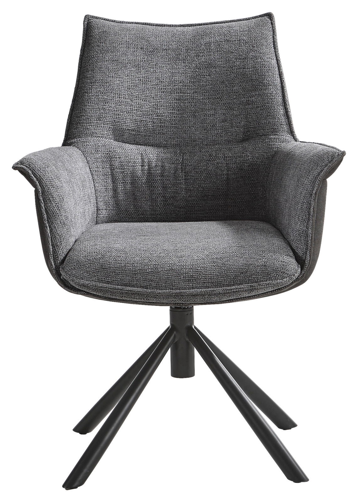 Grauer Sessel mit gepolstertem Sitz und Rückenlehne, auf schwarzem Metallgestell, Frontalansicht