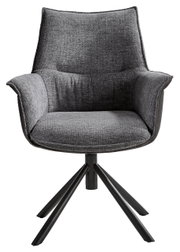 Grauer Sessel mit gepolstertem Sitz und Rückenlehne, auf schwarzem Metallgestell, Frontalansicht