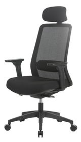 Schwarzer Drehstuhl mit Netzrückenlehne und Kopfstütze, seitliche Perspektive