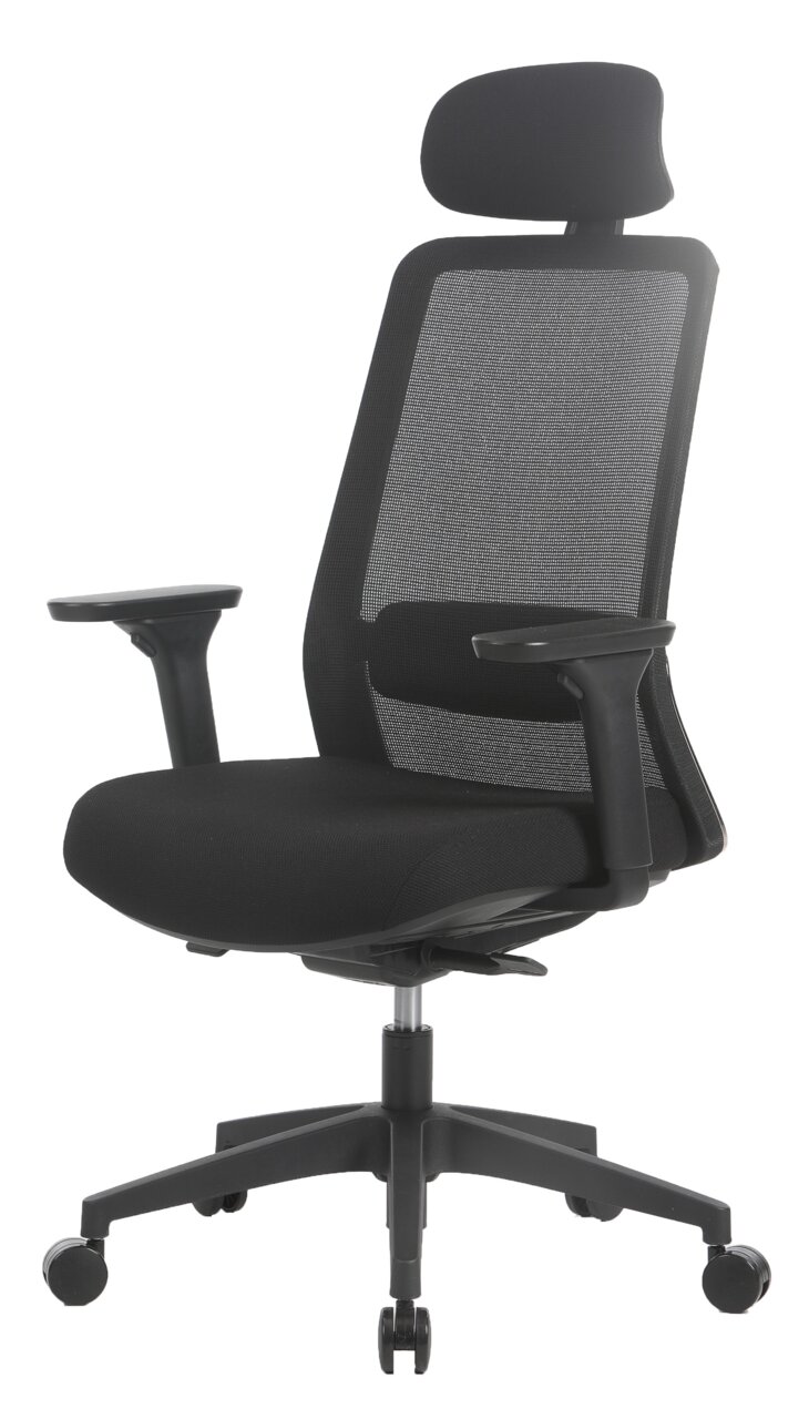 Schwarzer Drehstuhl mit Netzrückenlehne und Kopfstütze, seitliche Perspektive