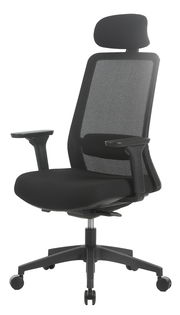 Schwarzer Drehstuhl mit Netzrückenlehne und Kopfstütze, seitliche Perspektive