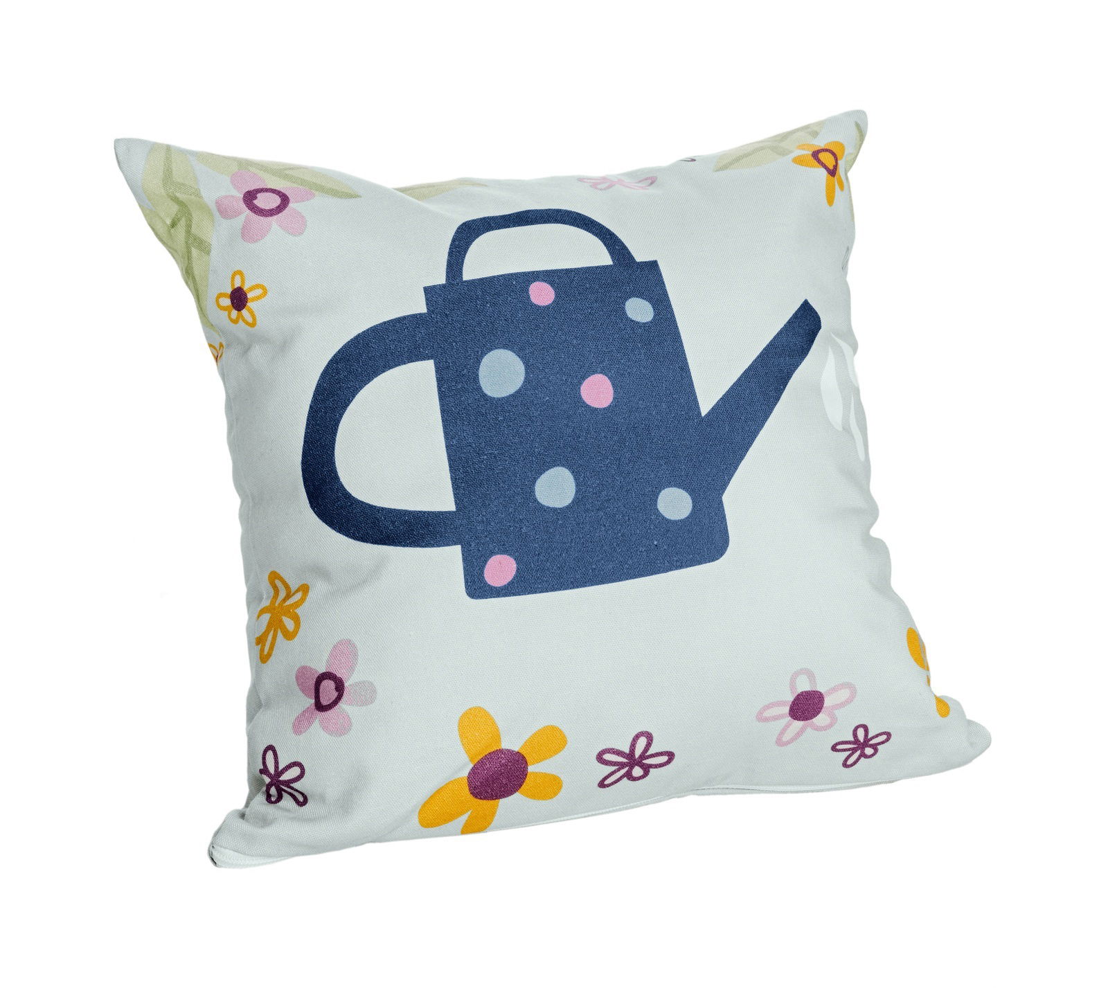 Partykissen mit Gießkannen- und Blumenmuster, perspektivisch leicht von oben fotografiert.