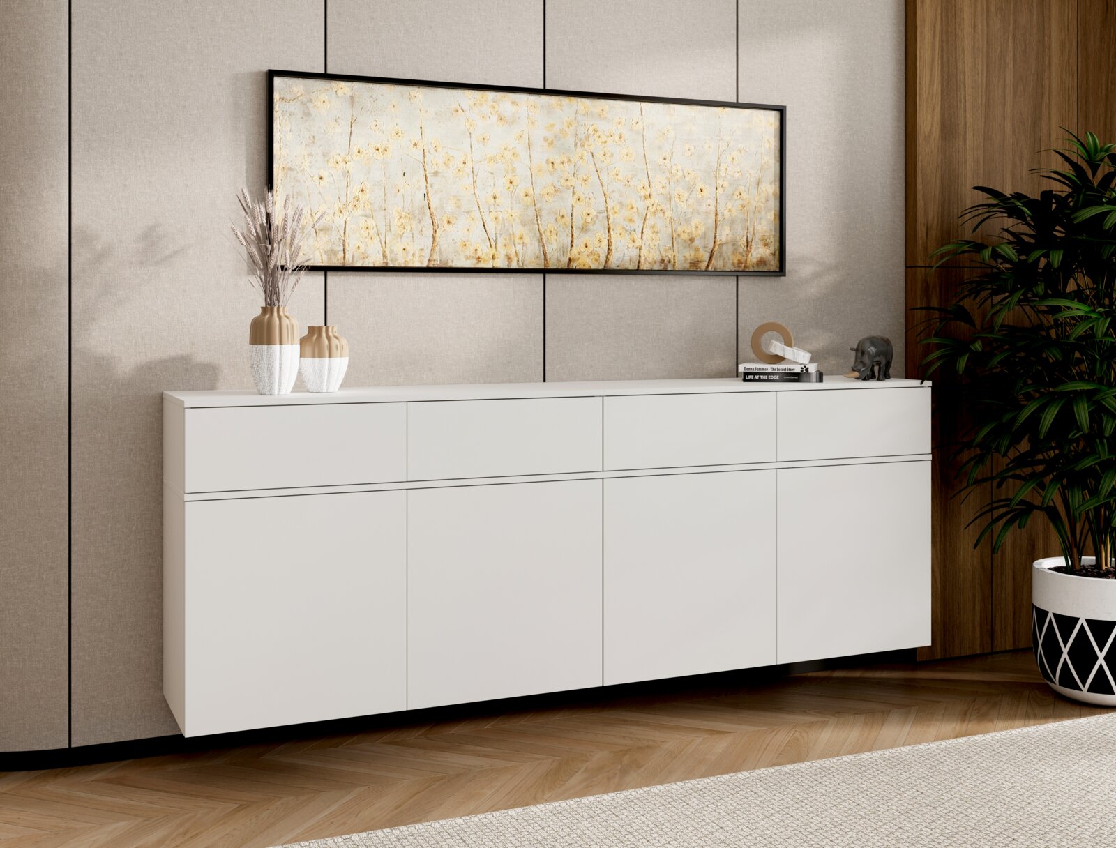 XORA Sideboard SCALE Modernes, weißes Sideboard mit grifflosen Fronten und klaren Linien, frontale Perspektive, dekoriert mit Vasen und Büchern in einem stilvollen Wohnzimmer unter einem großen Wandbild.