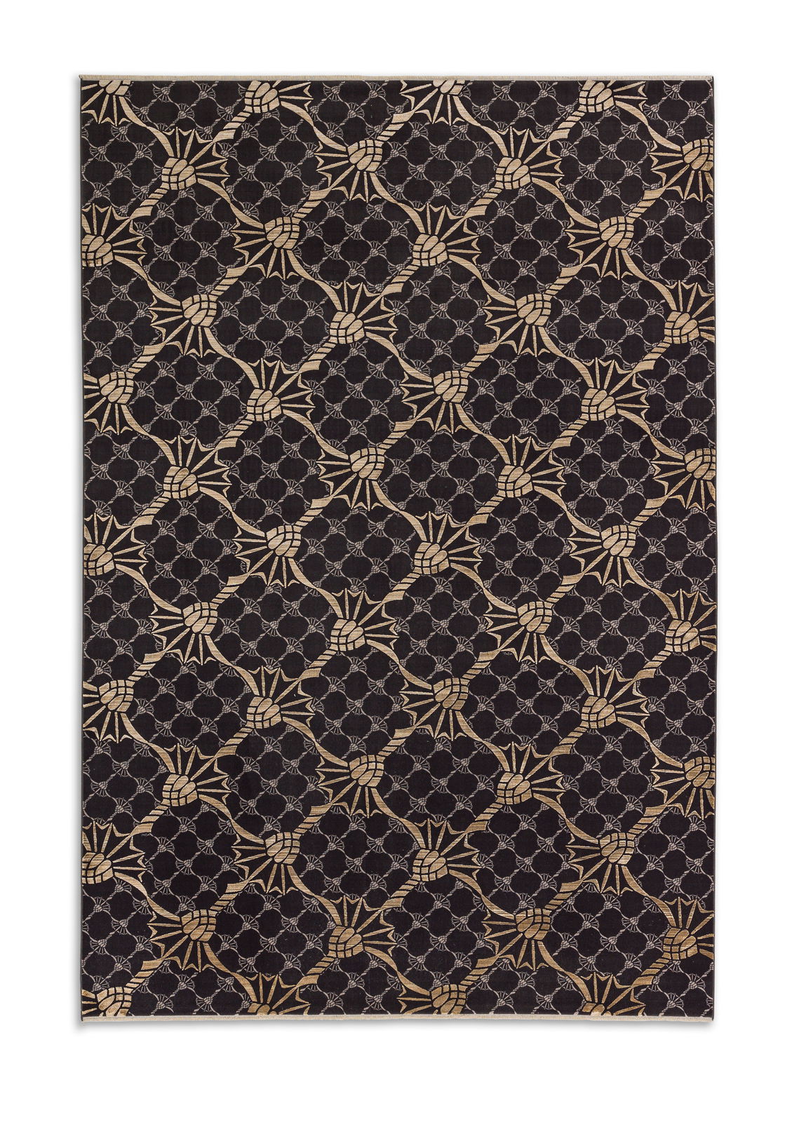 Teppich mit schwarzem Hintergrund und goldenen Kornblumenmuster, Draufsicht