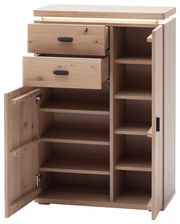 Schuhschrank aus Holz mit zwei offenen Schubladen und mehreren Regalfächern, frontale Ansicht