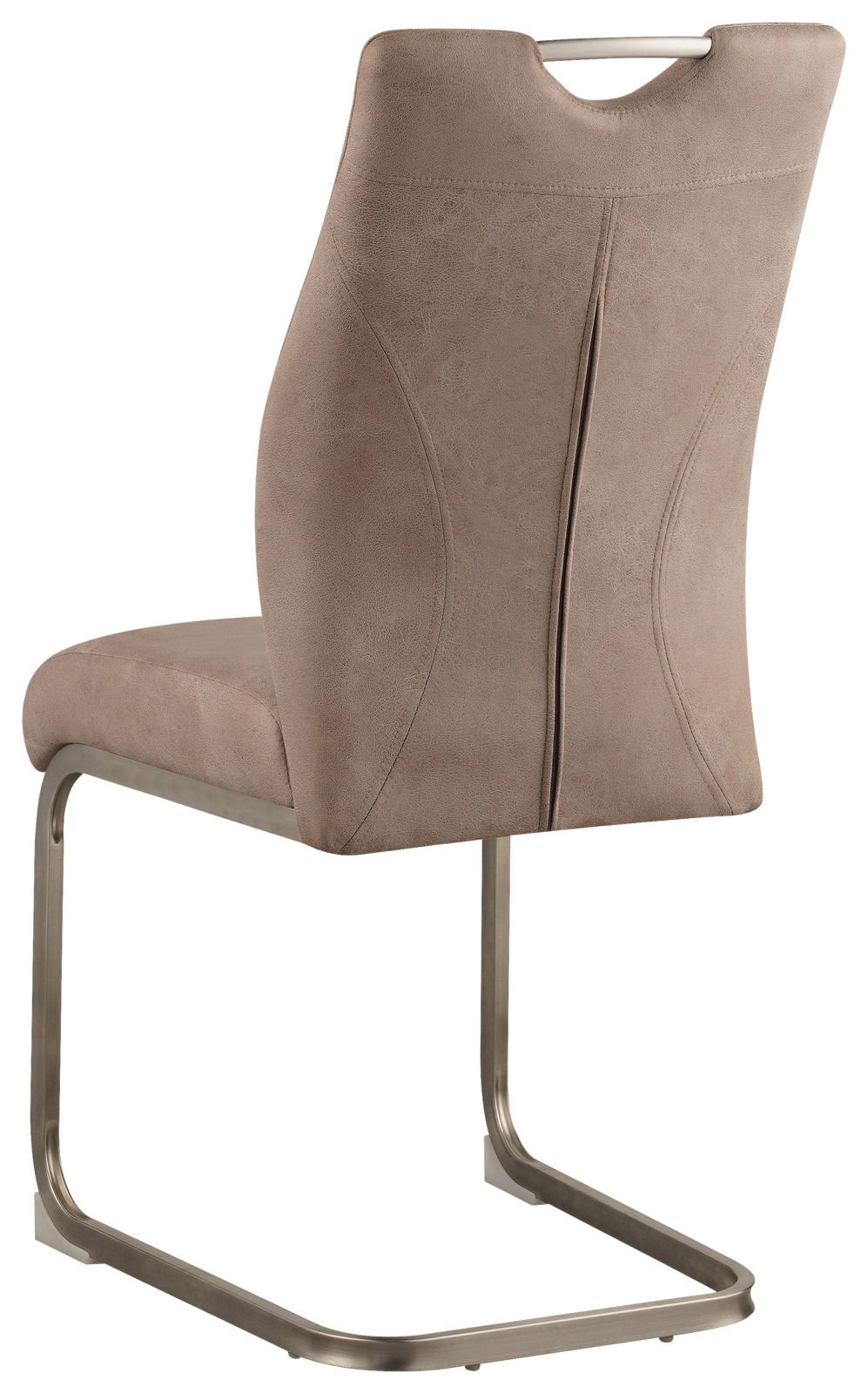 Rückansicht eines modernen Schwingstuhls mit braunem Bezug und Metallgestell