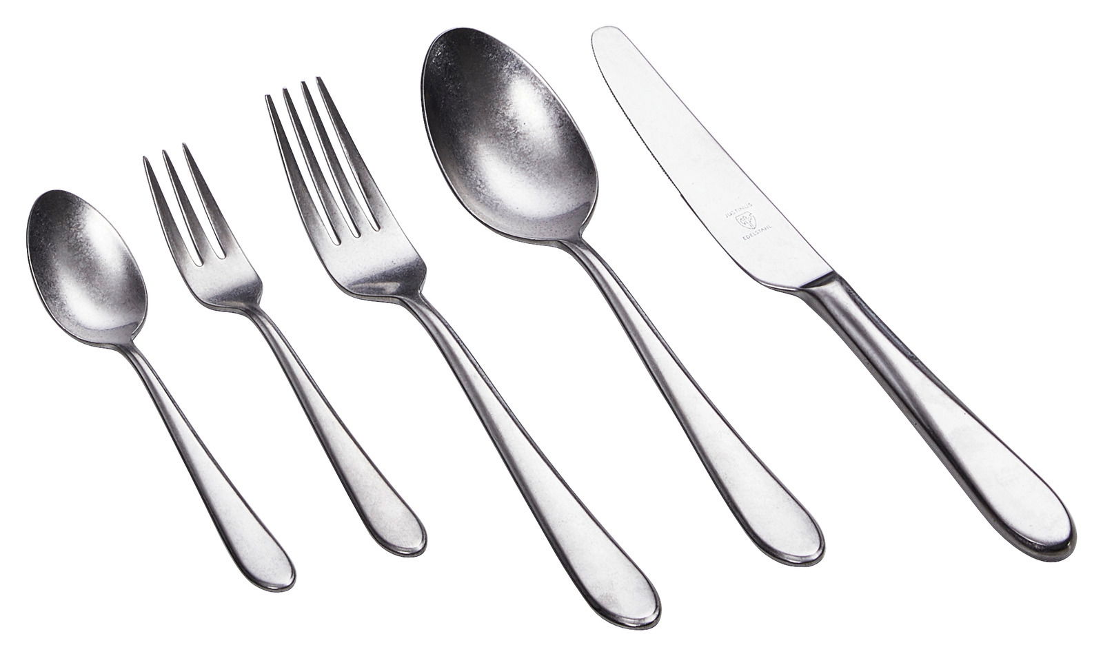 Set aus Edelstahlbesteck bestehend aus Messer, Gabeln und Löffeln, von oben betrachtet.