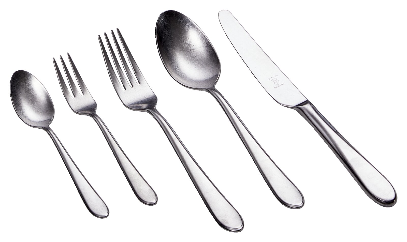 Set aus Edelstahlbesteck bestehend aus Messer, Gabeln und Löffeln, von oben betrachtet.