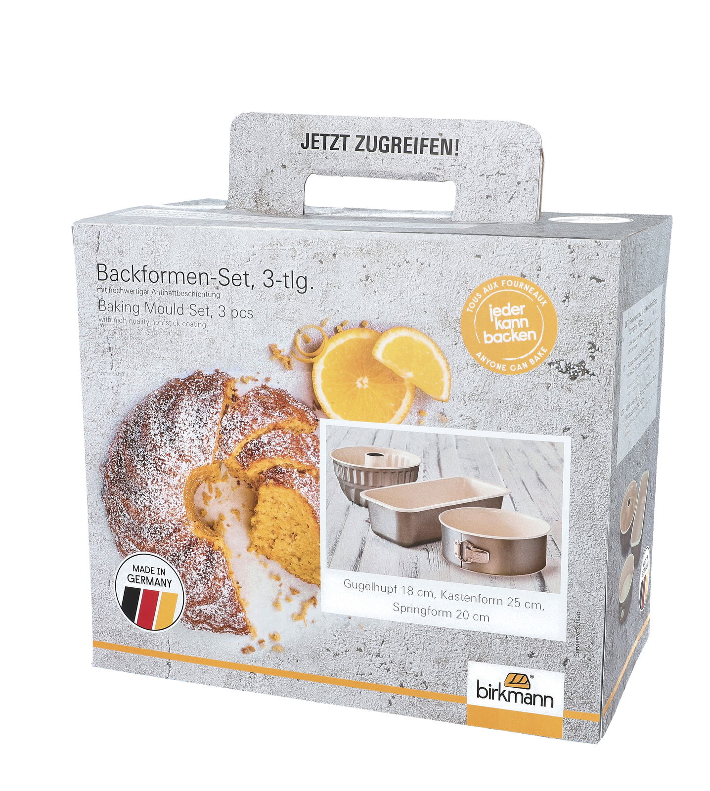 Verpackung eines 3-teiligen Backformen-Sets von birkmann, bestehend aus Gugelhupf, Kastenform und Springform, mit Abbildung eines gebackenen Kuchens und Orangen, Perspektive von vorne.