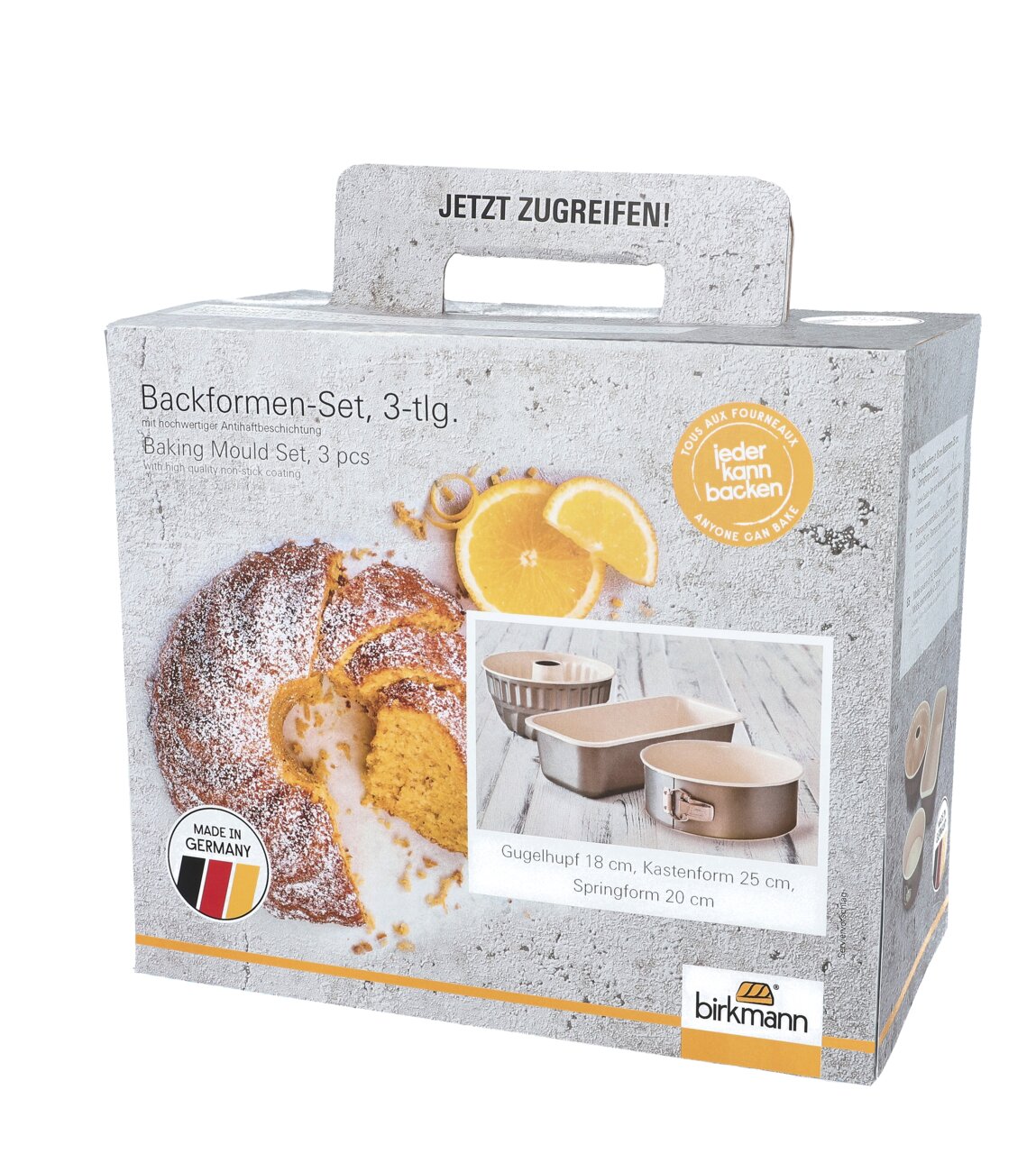 Verpakking van een 3-delige bakvormenset van Birkmann, bestaande uit een tulbandvorm, een cakevorm en een springvorm, met een afbeelding van een gebakken cake en sinaasappels, gezien van voren.