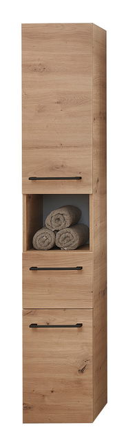 Hochschrank aus Holz mit drei Schubladen und einem offenen Fach, gefüllt mit Handtüchern, in Frontalansicht.