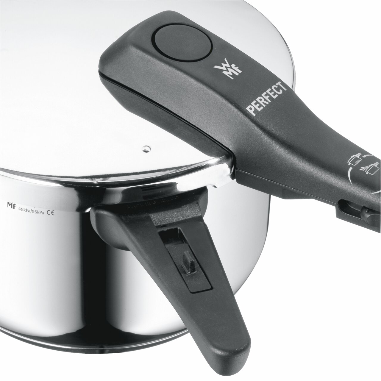 Schnellkochtopf WMF Perfect mit schwarzem Griff, seitliche Perspektive