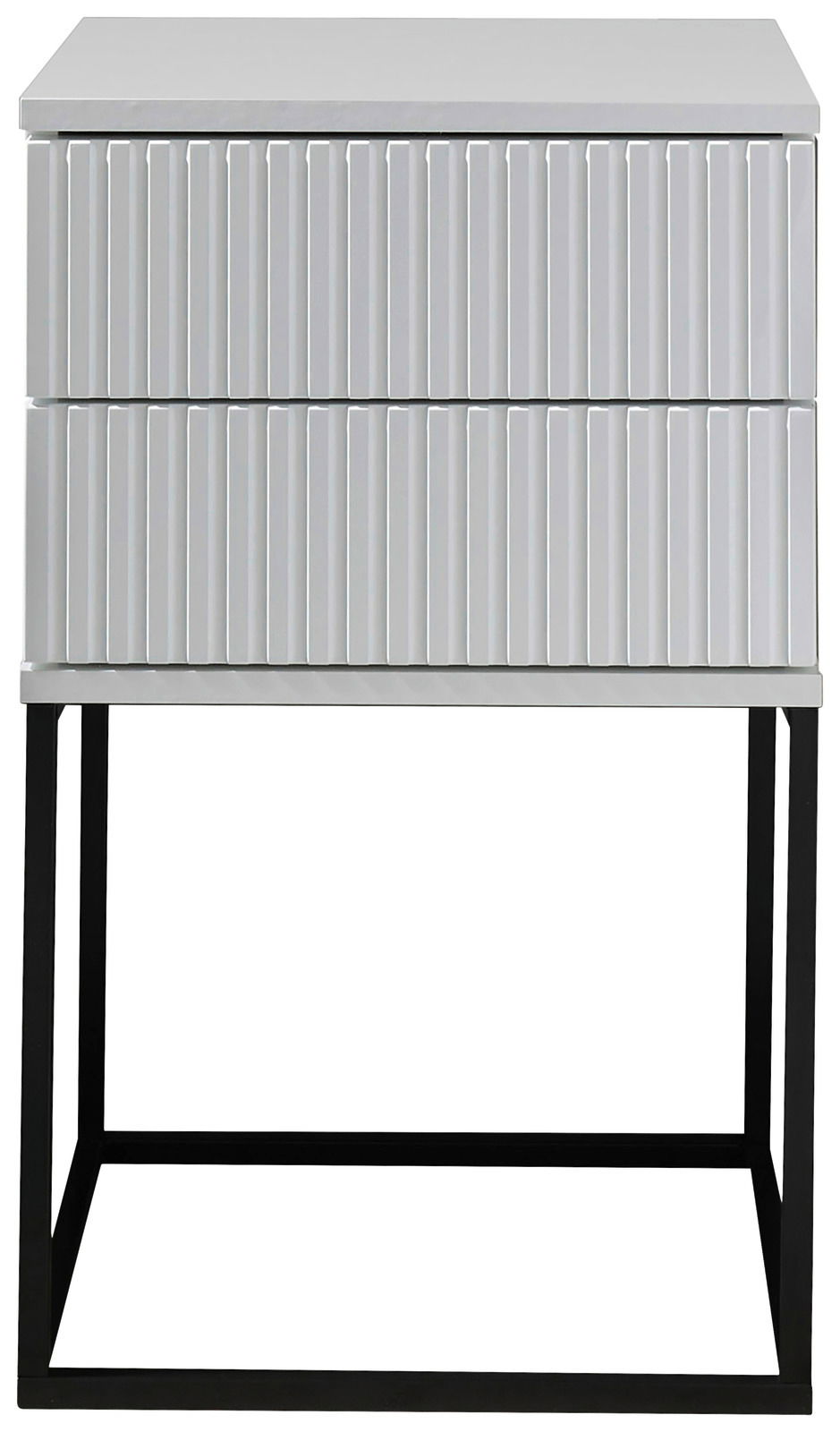 Moderne Nachtkommode mit geriffelter Front und schwarzem Metallgestell, Frontalansicht