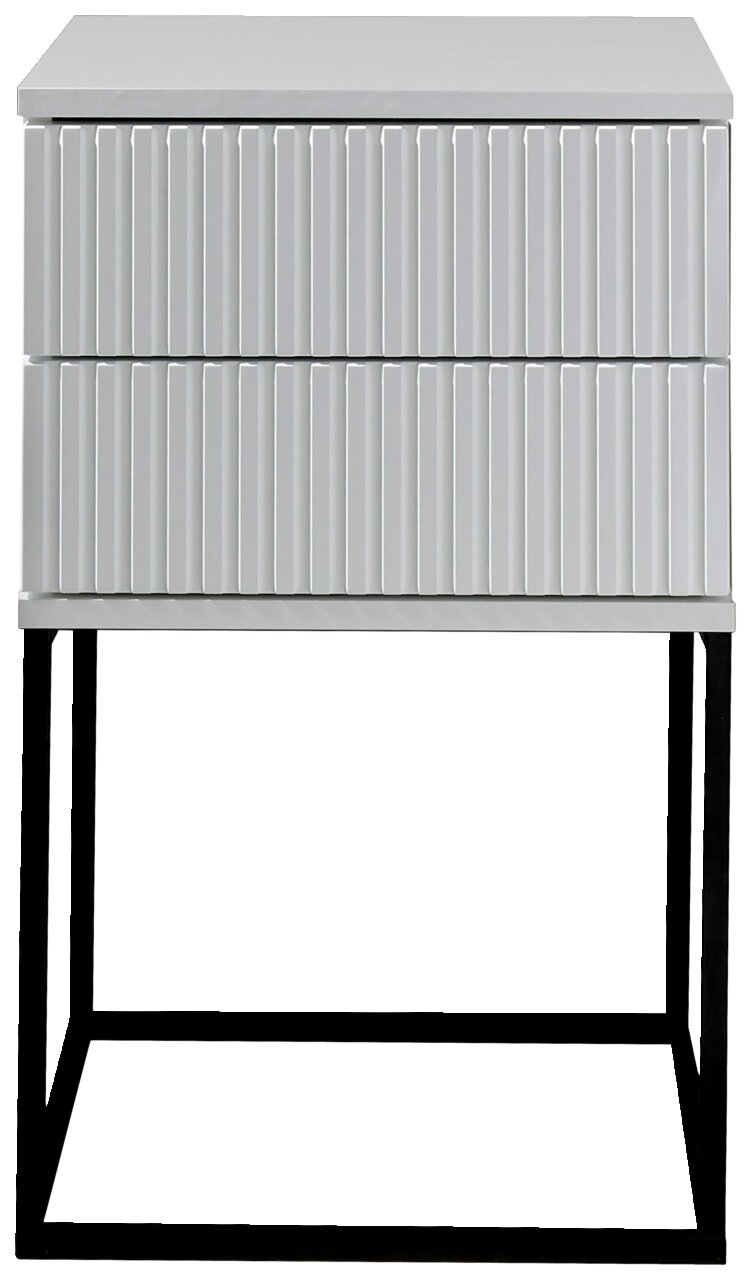 Moderne Nachtkommode mit geriffelter Front und schwarzem Metallgestell, Frontalansicht