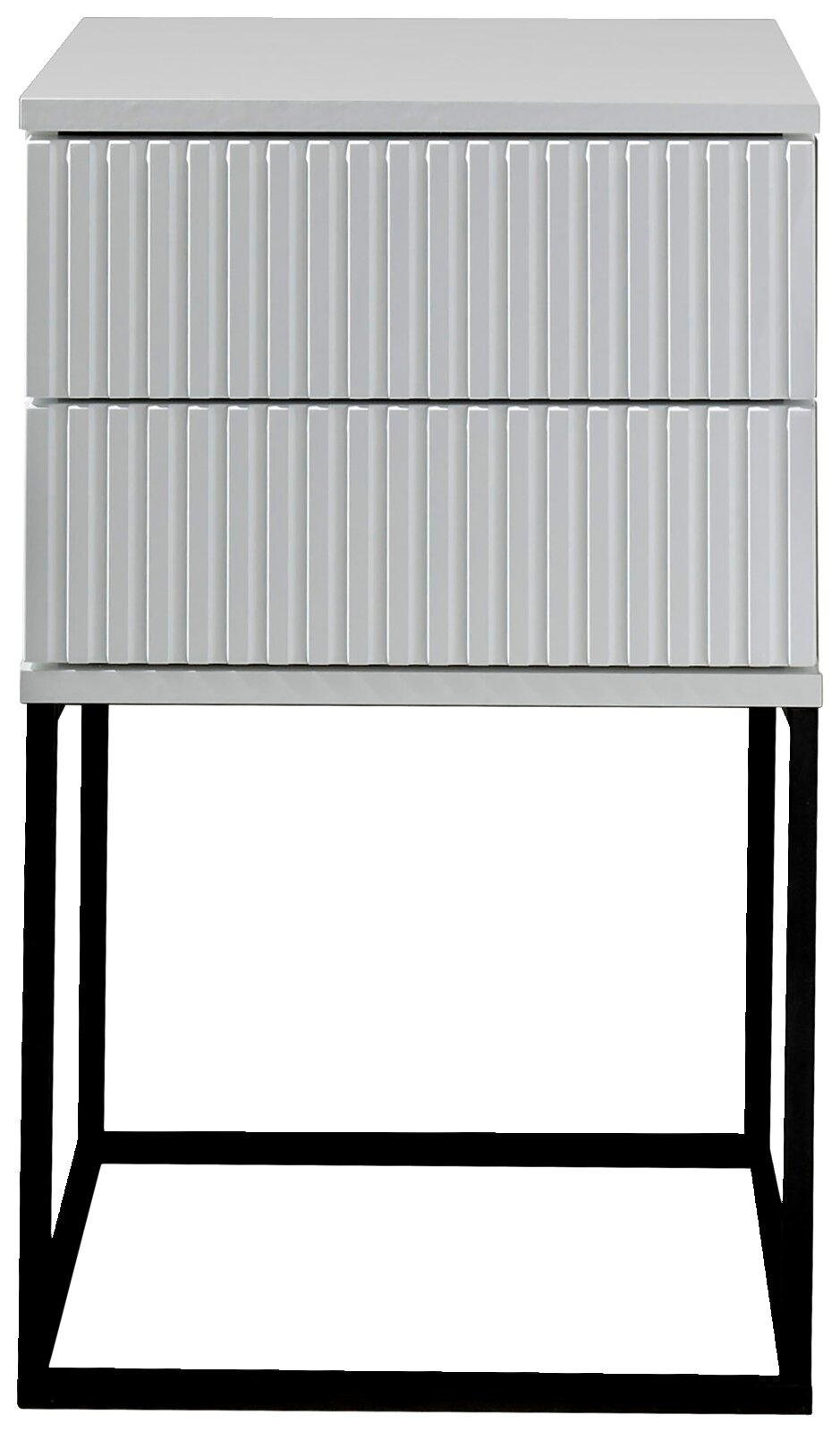 Moderne Nachtkommode mit geriffelter Front und schwarzem Metallgestell, Frontalansicht