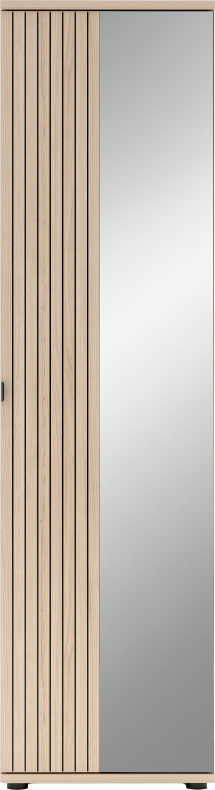 Frontansicht eines modernen Schranks mit hellem Holzrahmen, links vertikale Holzlamellen und rechts glatte graue Tür, unten schwarze Füße sichtbar