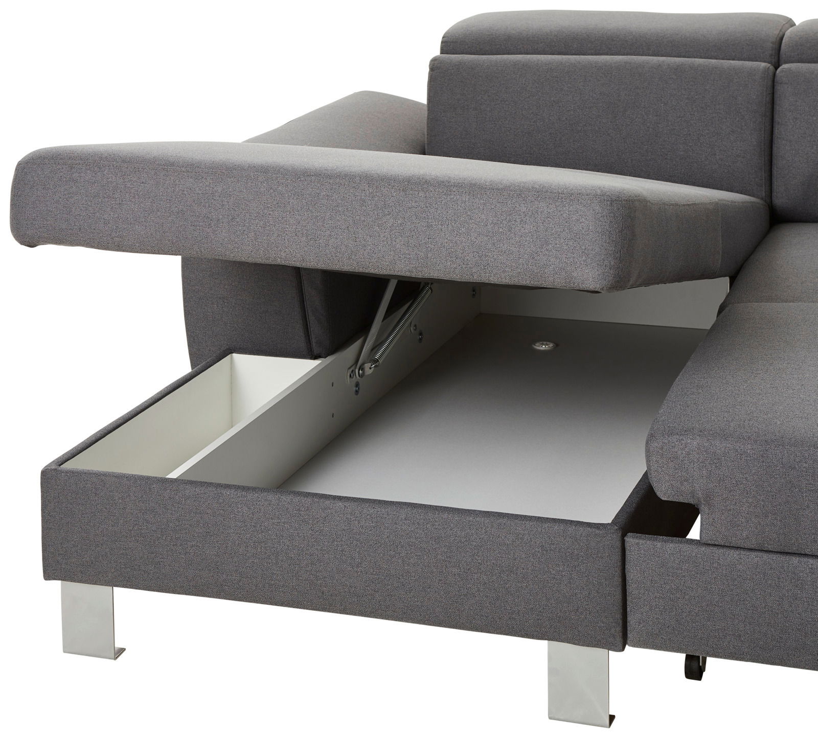 Graue Rundecke mit Stauraum, geöffnete Perspektive von der Seite