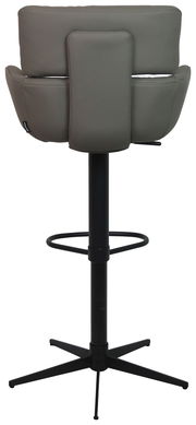 Rückansicht eines modernen Barhockers mit gepolsterter Rückenlehne und schwarzem Metallgestell.