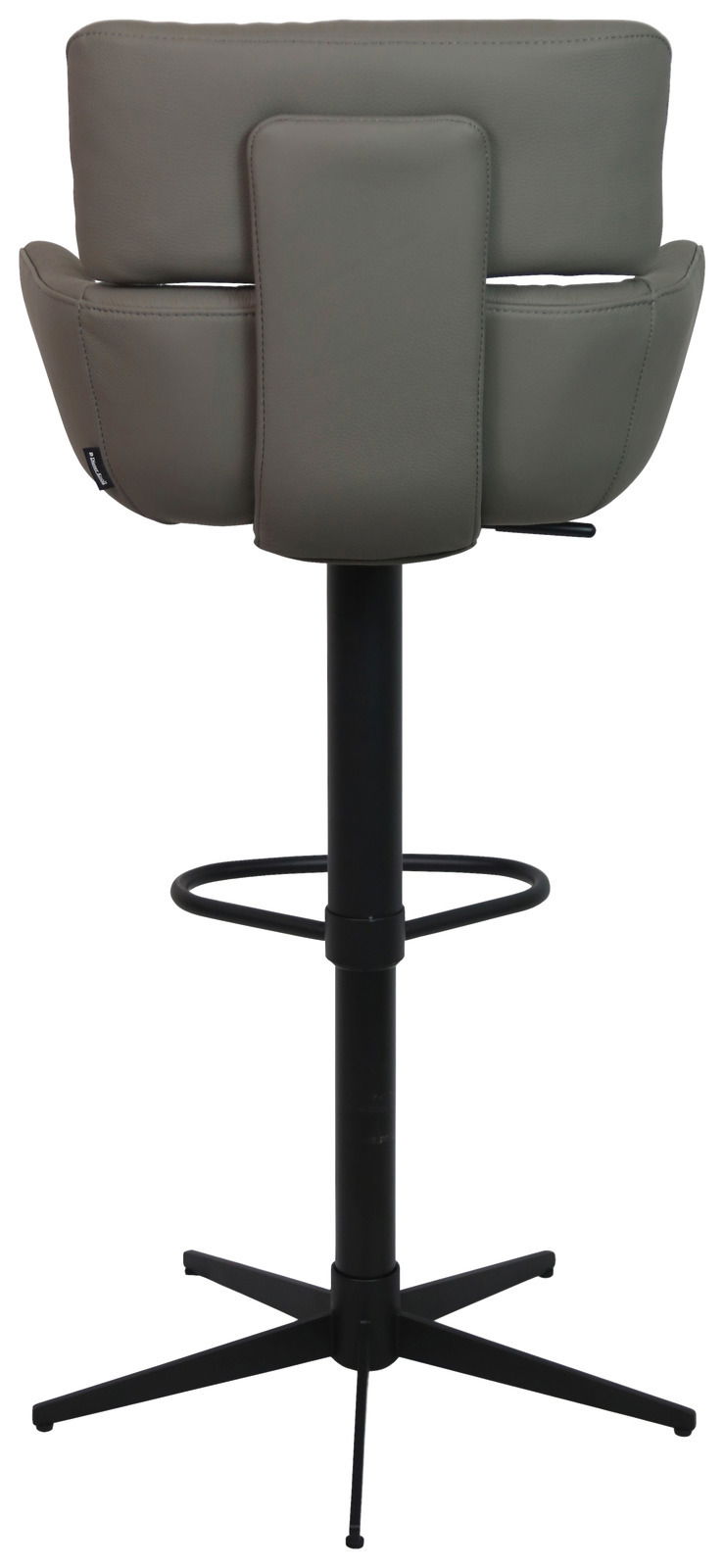 Rückansicht eines modernen Barhockers mit gepolsterter Rückenlehne und schwarzem Metallgestell.