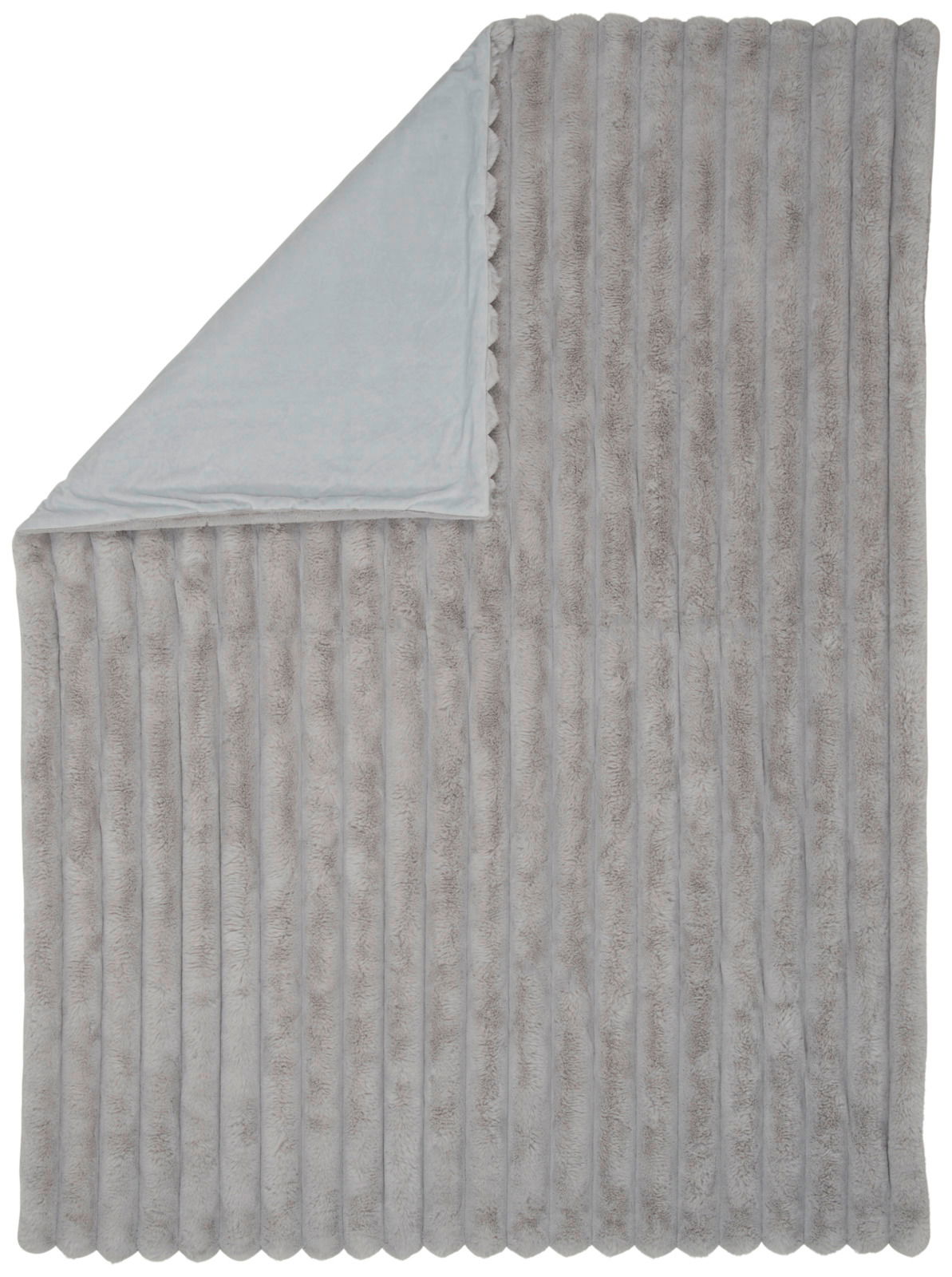 Graue Felldecke mit gestreiftem Muster, von oben fotografiert, mit einer Ecke umgeschlagen, um die weiche Innenseite zu zeigen.