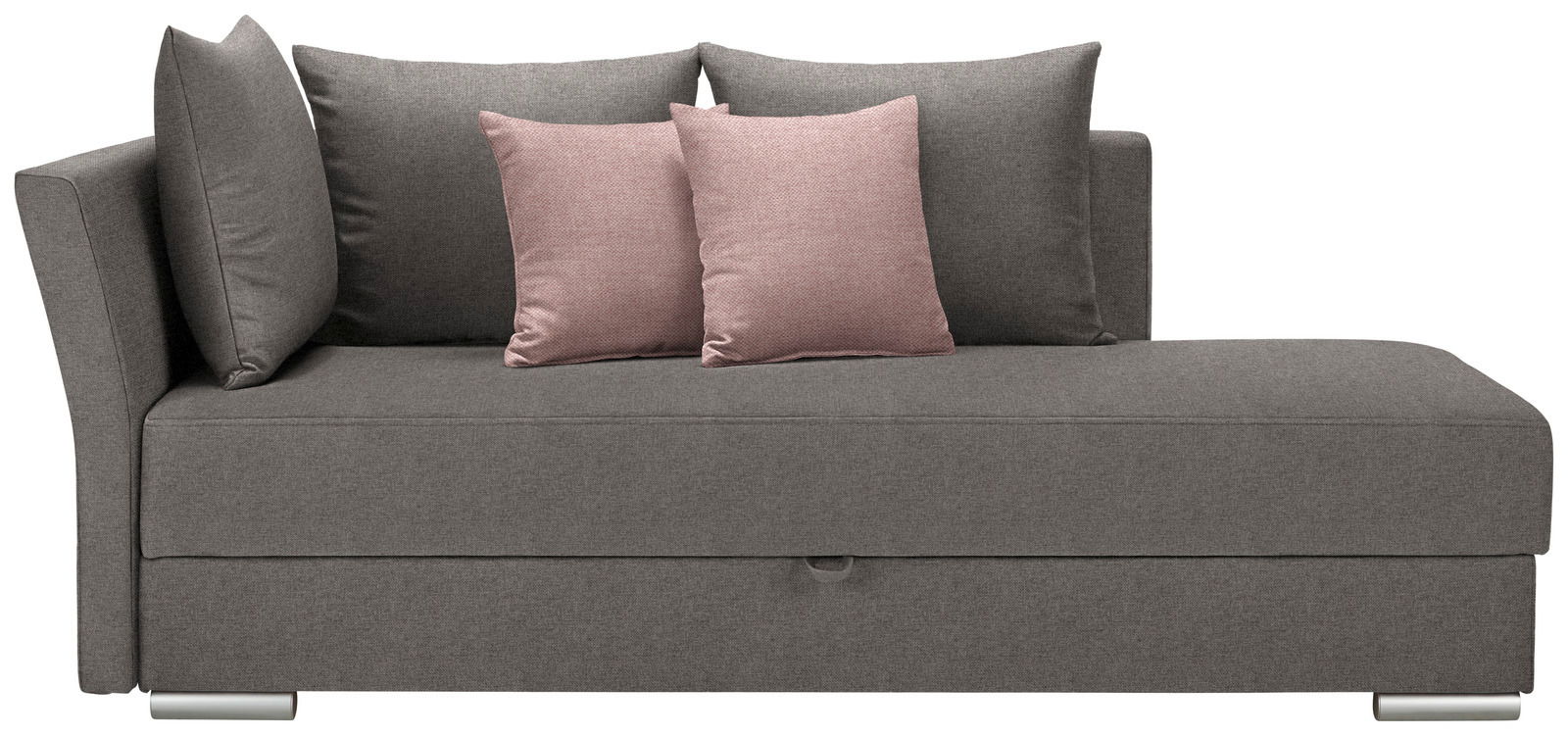 Graues Funktionssofa mit drei Kissen, zwei in Rosa, aus seitlicher Perspektive.