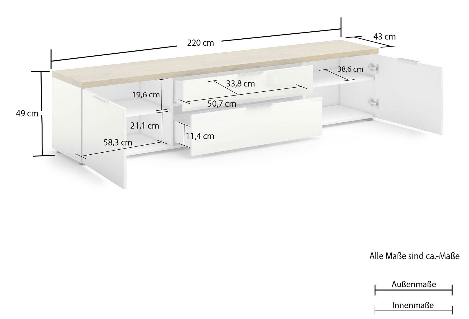 XL-TV-Lowboard in Weiß mit Holzoberfläche, zwei Schubladen und zwei seitlichen Türen, perspektivische Ansicht von vorne mit geöffneten Türen und sichtbaren Innenmaßen.