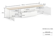 XL-tv-lowboard in wit met houten afwerking, twee lades en twee zijdeuren, perspectivisch aanzicht van voren met geopende deuren en zichtbare binnenafmetingen.