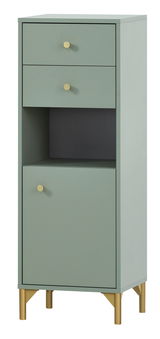 Modernes Highboard in grauer Farbe mit zwei Schubladen und einer Tür, goldene Griffe und Beine, Frontalansicht