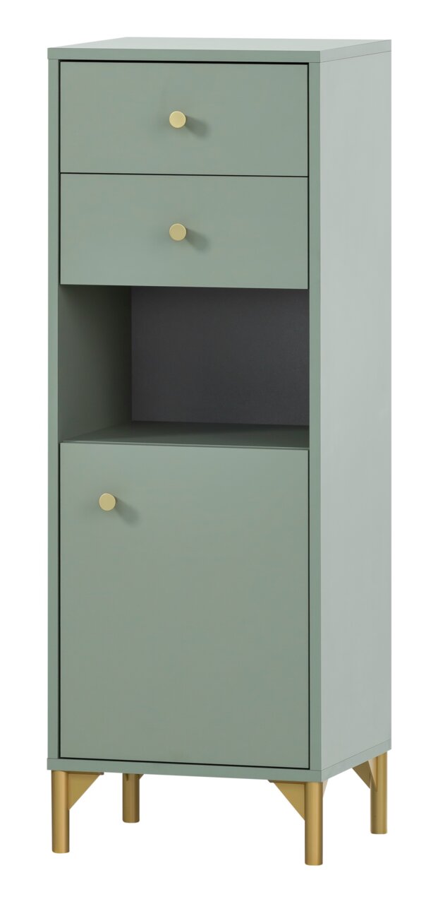 Modernes Highboard in grauer Farbe mit zwei Schubladen und einer Tür, goldene Griffe und Beine, Frontalansicht