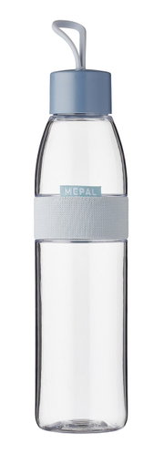 Transparente Trinkflasche mit blauem Deckel und Griff, Vorderansicht