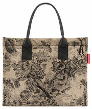 Shopper-Tasche mit schwarzem und beigem Waldmuster, schwarze Griffe, Vorderansicht